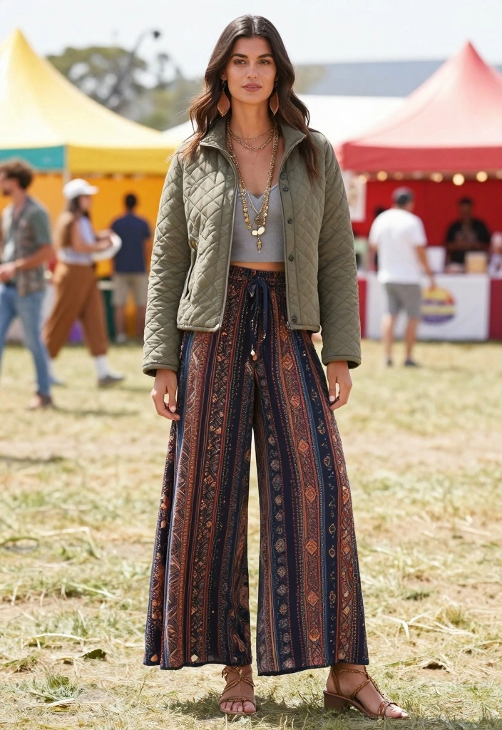 14 Quilted Jacket Outfit Ideas For Women For Cozy Days - 8. Bohemian Style with Flowy Trousers 1