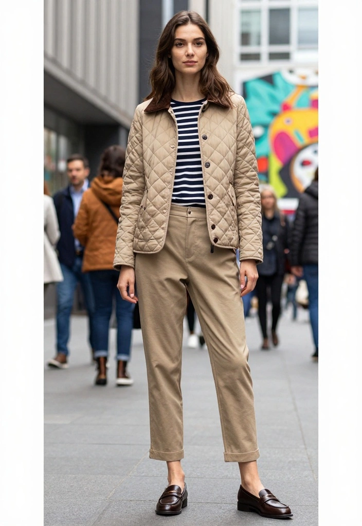 14 Quilted Jacket Outfit Ideas For Women For Cozy Days - 9. Classic with a Striped Top and Chinos 1