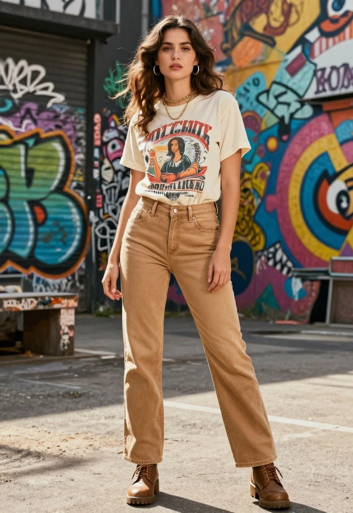 14 Tan Jeans Outfit Ideas For Women With Soft Neutral Vibes - 10. Vintage Vibes with a Graphic Tee 1