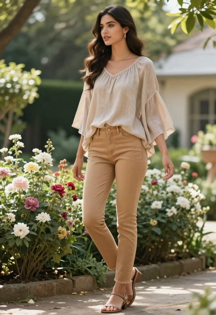 14 Tan Jeans Outfit Ideas For Women With Soft Neutral Vibes - 11. Flowy Tops for a Feminine Touch 1
