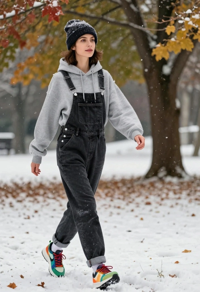 14 Winter Overalls Outfit Ideas For Women With Cozy Layers - 12. Athleisure Vibe with a Hoodie 1