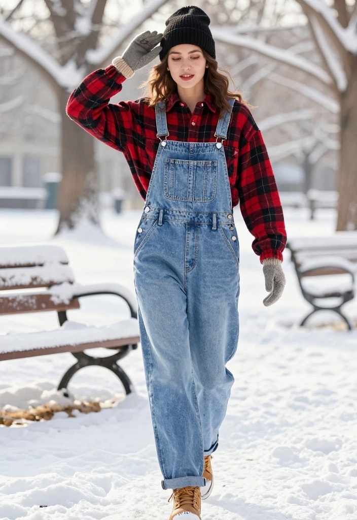 14 Winter Overalls Outfit Ideas For Women With Cozy Layers - 2. Flannel Shirt for a Layered Look 1