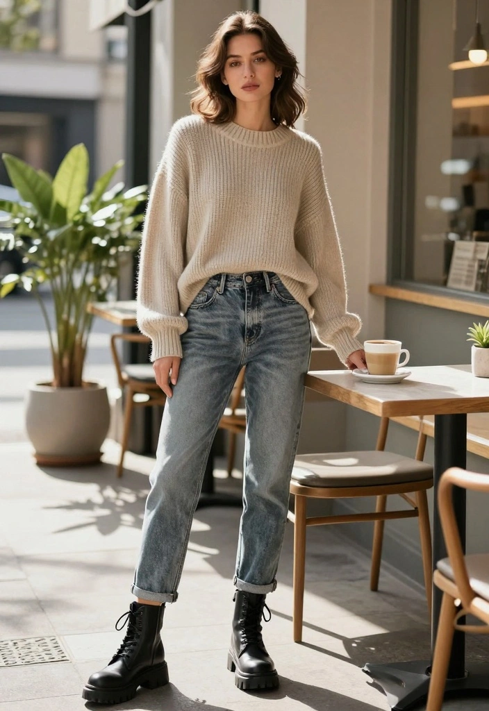 15 Acid Wash Jeans Outfit Ideas For Women With Retro Cool - 1. Oversized Sweater and Chunky Boots 1