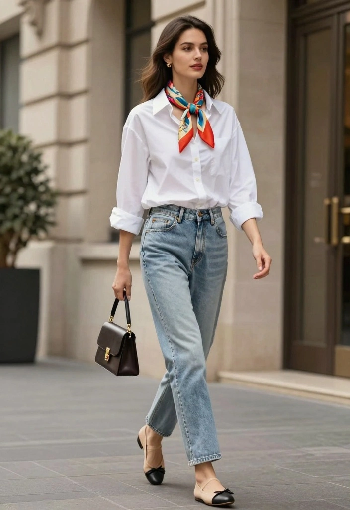 15 Acid Wash Jeans Outfit Ideas For Women With Retro Cool - 10. Casual Button Down Shirt and Scarf 1