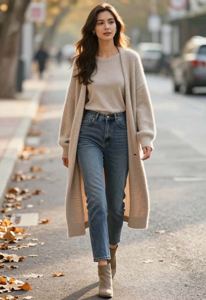 15 Acid Wash Jeans Outfit Ideas For Women With Retro Cool - 12. Long Cardigan and Booties 1