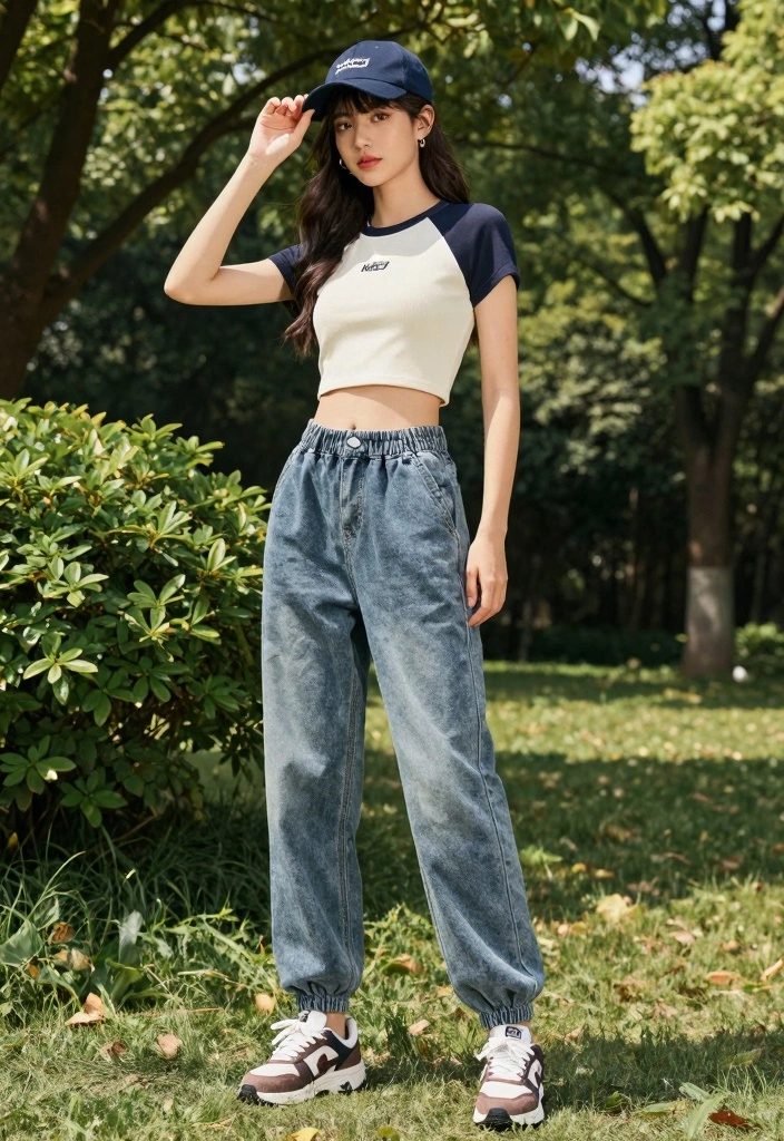 15 Acid Wash Jeans Outfit Ideas For Women With Retro Cool - 14. Sporty Crop Top and Joggers 1