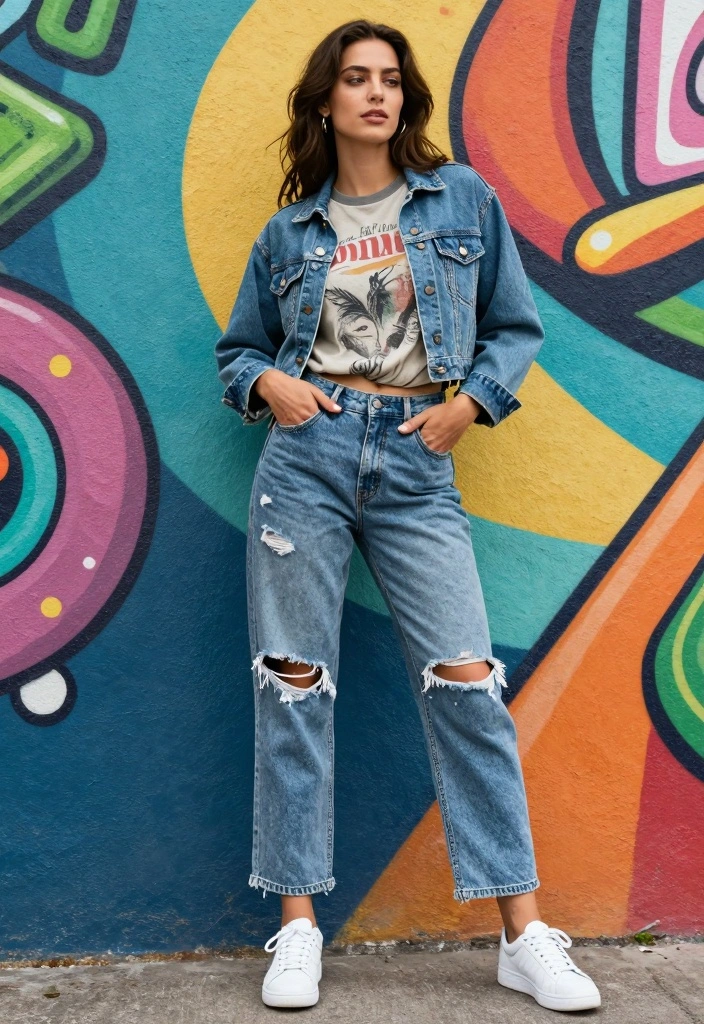 15 Acid Wash Jeans Outfit Ideas For Women With Retro Cool - 2. Graphic Tee and Denim Jacket 1