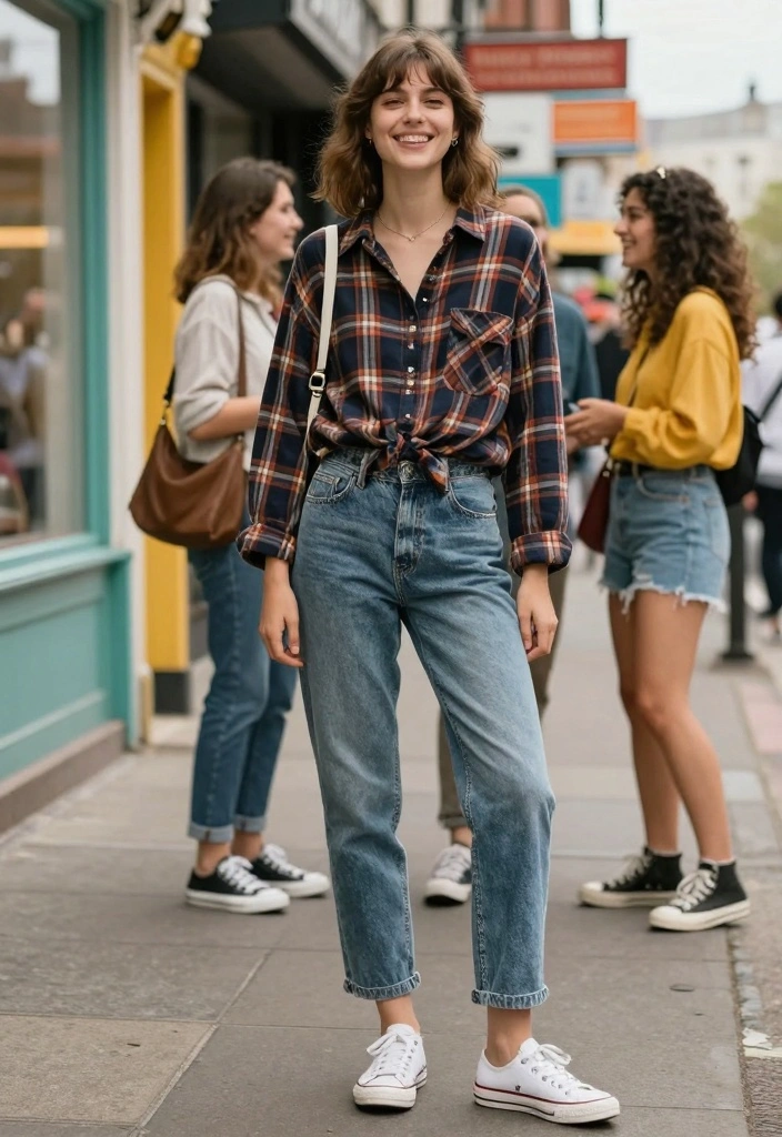 15 Acid Wash Jeans Outfit Ideas For Women With Retro Cool - 6. Vintage Button-Up and Sneakers 1