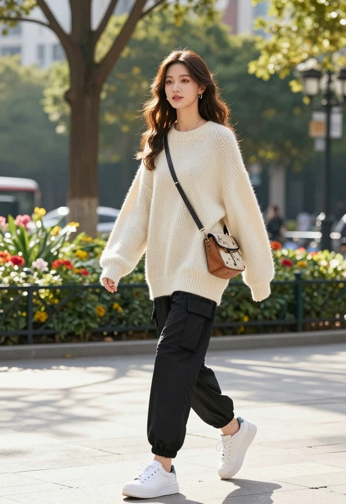 15 Black Parachute Pants Outfit Ideas For Women With Street Style - 1. Casual Chic: Oversized Sweater and Sneakers 1