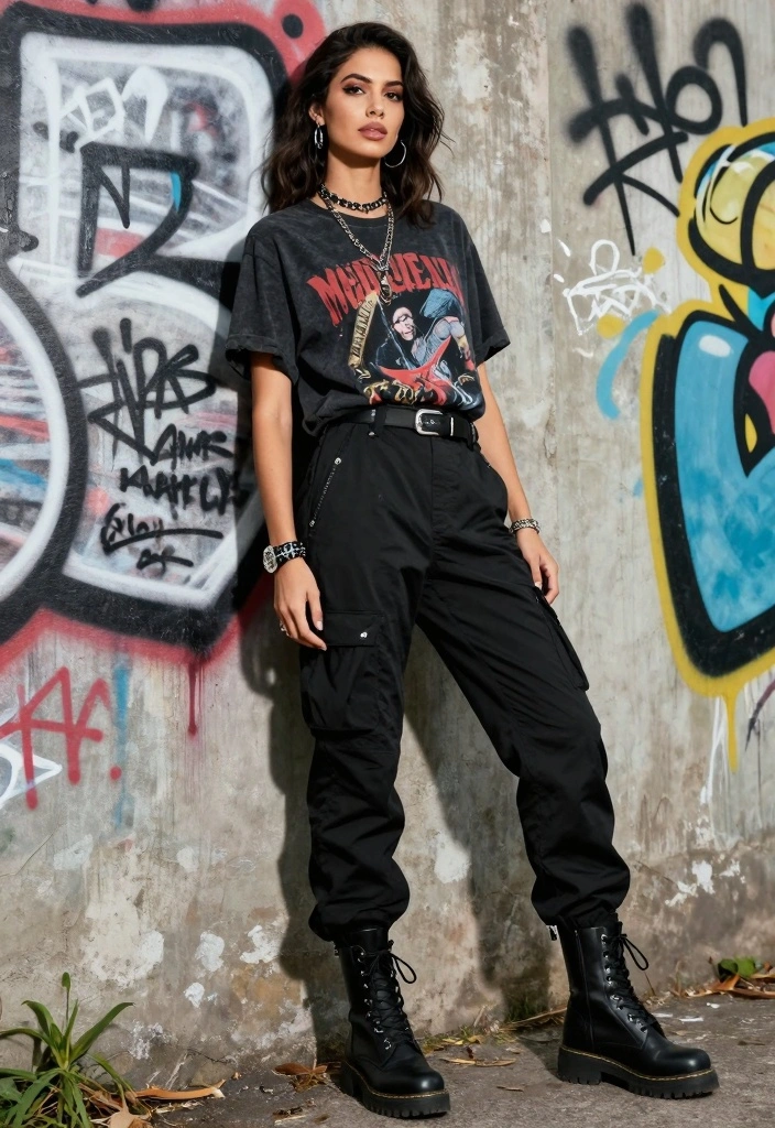 15 Black Parachute Pants Outfit Ideas For Women With Street Style - 11. Alternative Edge: Band Tee and Combat Boots 1