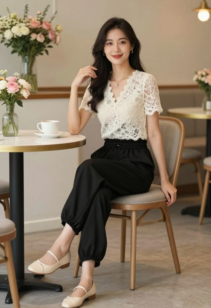 15 Black Parachute Pants Outfit Ideas For Women With Street Style - 12. Feminine Touch: Lace Top and Flats 1