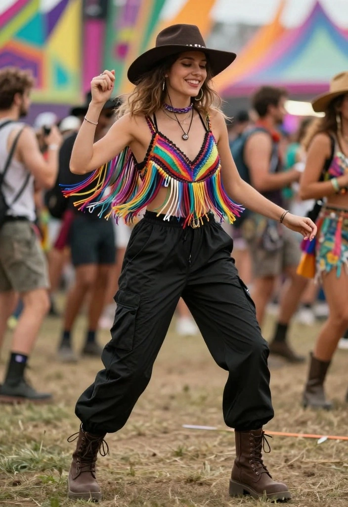 15 Black Parachute Pants Outfit Ideas For Women With Street Style - 13. Festival Ready: Fringe Top and Booties 1