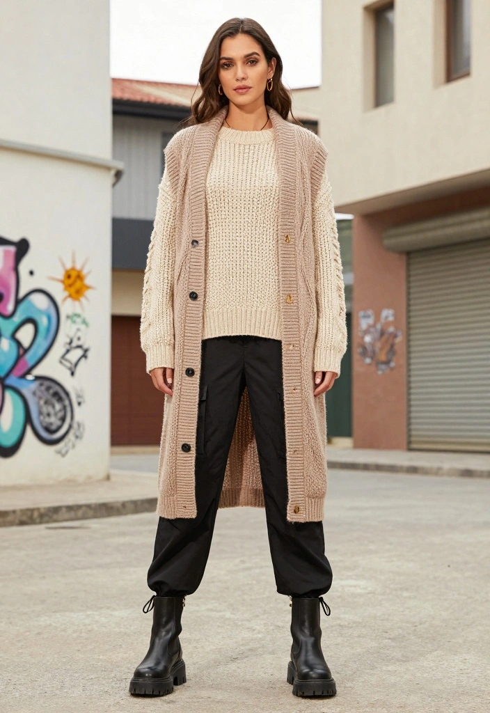 15 Black Parachute Pants Outfit Ideas For Women With Street Style - 14. Edgy Layering: Long Vest and Chunky Knits 1