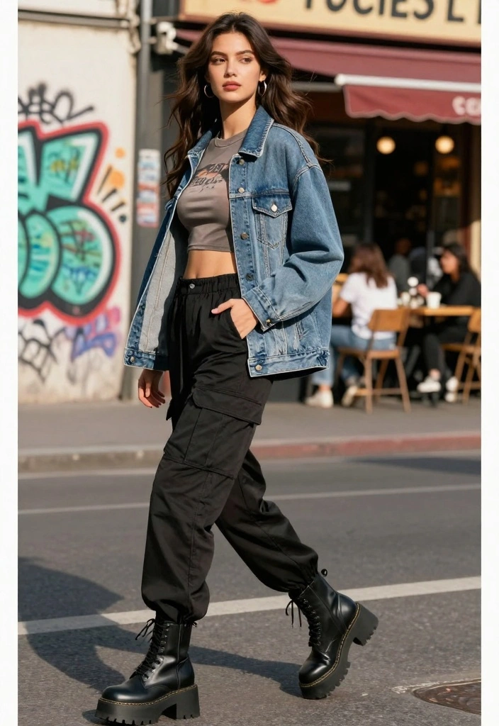 15 Black Parachute Pants Outfit Ideas For Women With Street Style - 2. Urban Edge: Crop Top with Denim Jacket 1