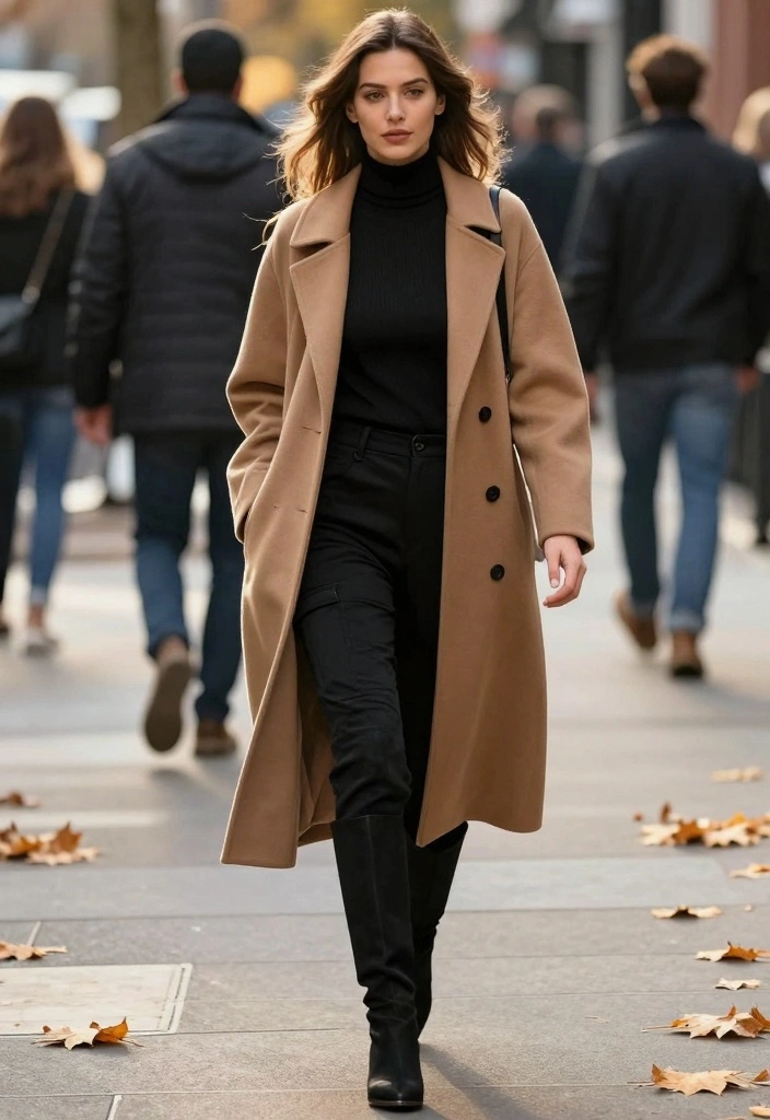 15 Black Parachute Pants Outfit Ideas For Women With Street Style - 5. Layered Look: Turtleneck and Long Coat 1