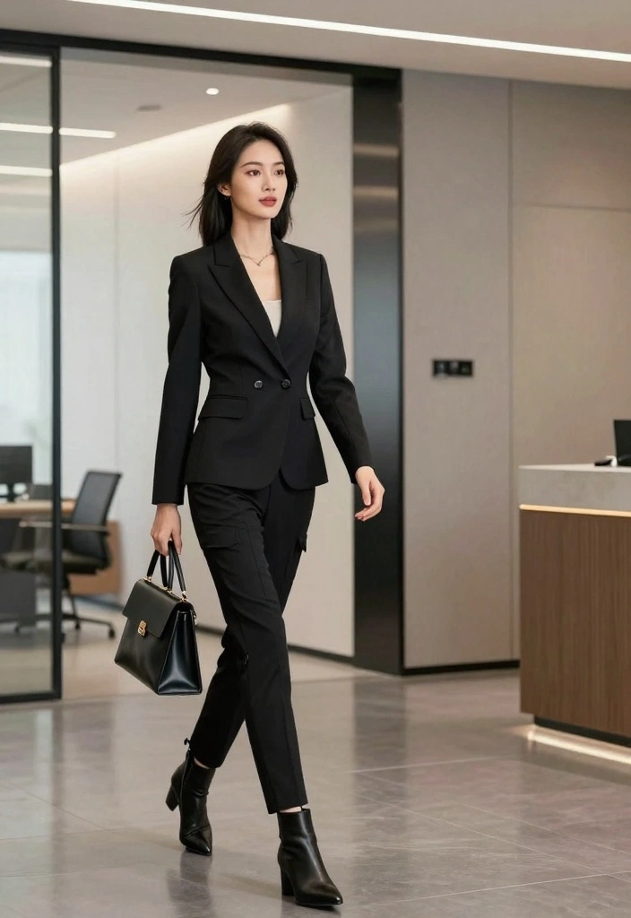 15 Black Parachute Pants Outfit Ideas For Women With Street Style - 9. Work Ready: Blazer and Ankle Boots 1