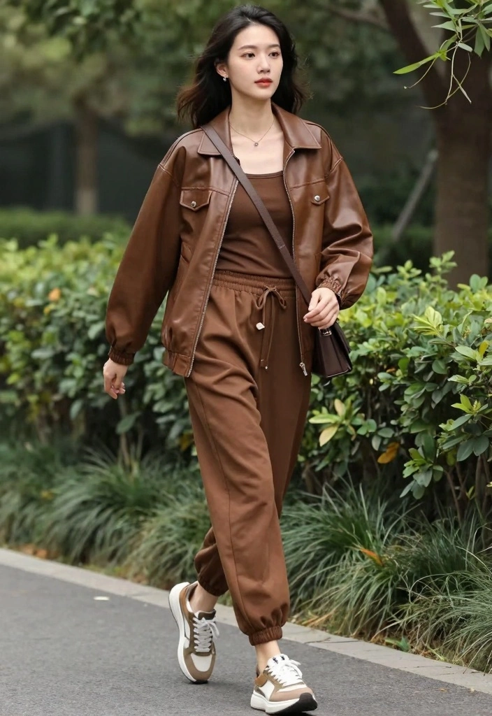 15 Brown Leather Jacket Outfit Ideas For Women With Classic Edge - 5. Sporty Chic 1