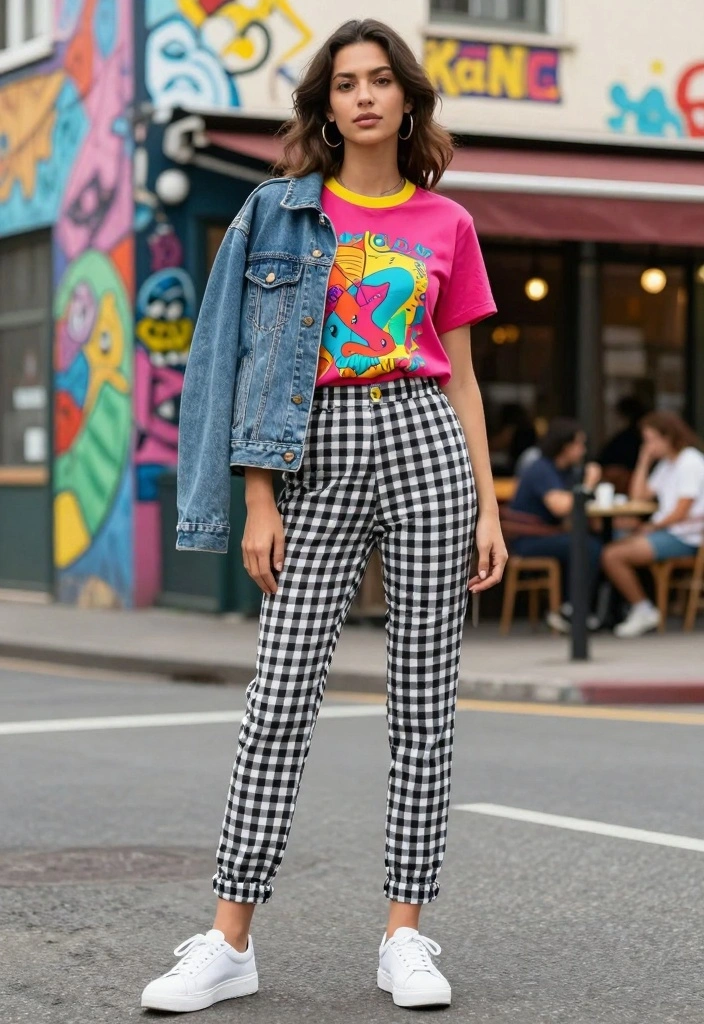15 Gingham Pants Outfit Ideas For Women With Vintage Charm - 1. Casual Chic with a Graphic Tee 1