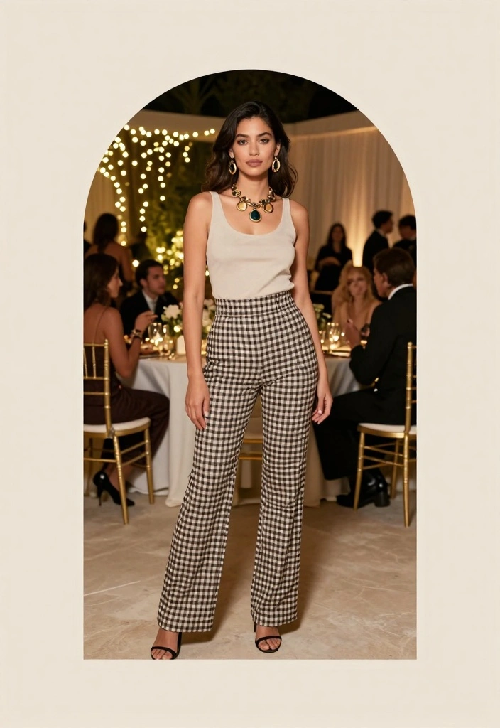 15 Gingham Pants Outfit Ideas For Women With Vintage Charm - 15. Finishing Touch with Statement Jewelry 1
