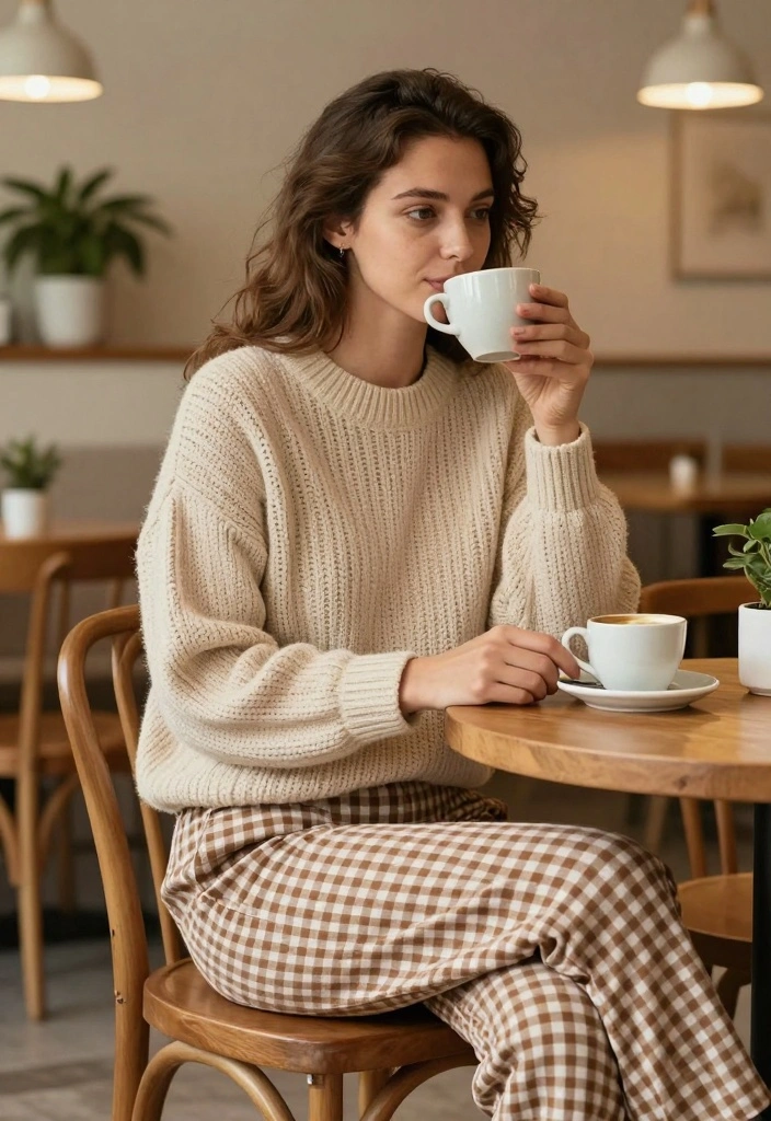 15 Gingham Pants Outfit Ideas For Women With Vintage Charm - 3. Cozy Sweater for Chilly Days 1