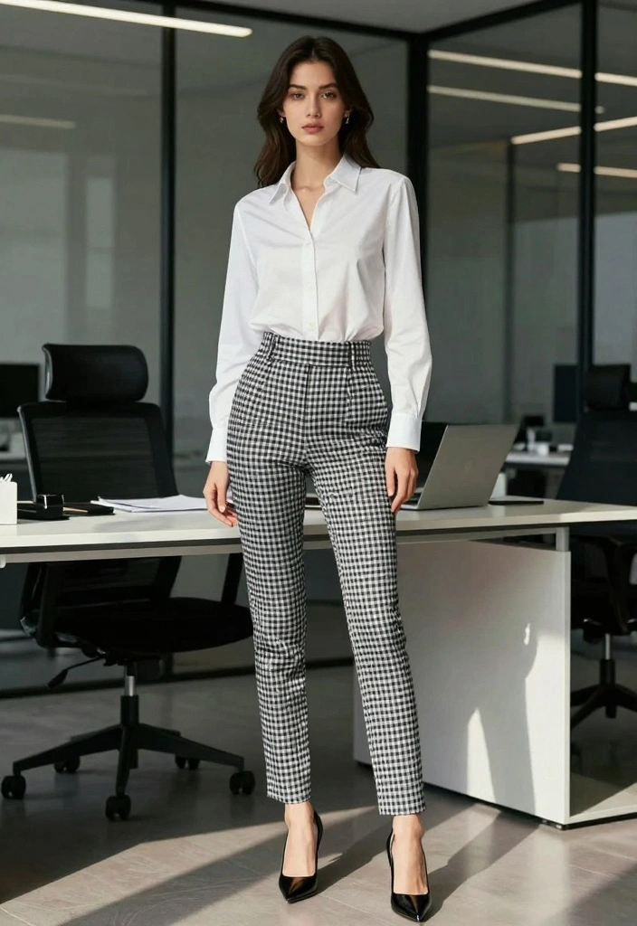 15 Gingham Pants Outfit Ideas For Women With Vintage Charm - 5. Classic White Shirt for Timeless Elegance 1