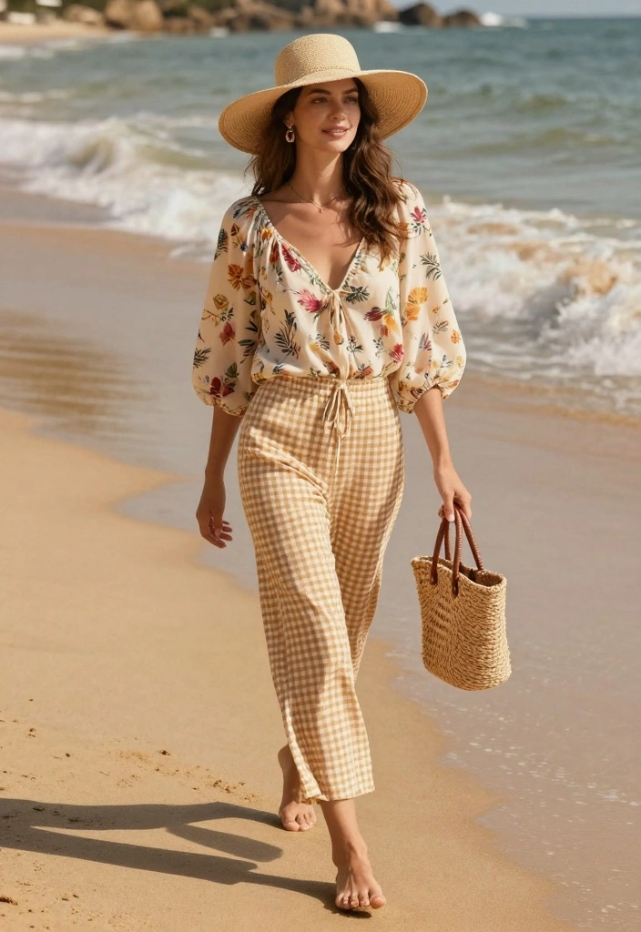 15 Gingham Pants Outfit Ideas For Women With Vintage Charm - 6. Flowy Top for Summer Breeze 1