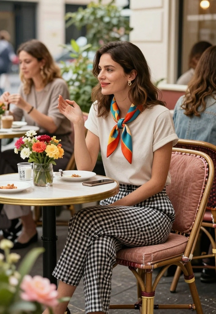 15 Gingham Pants Outfit Ideas For Women With Vintage Charm - 7. Accessorize with a Vintage Scarf 1