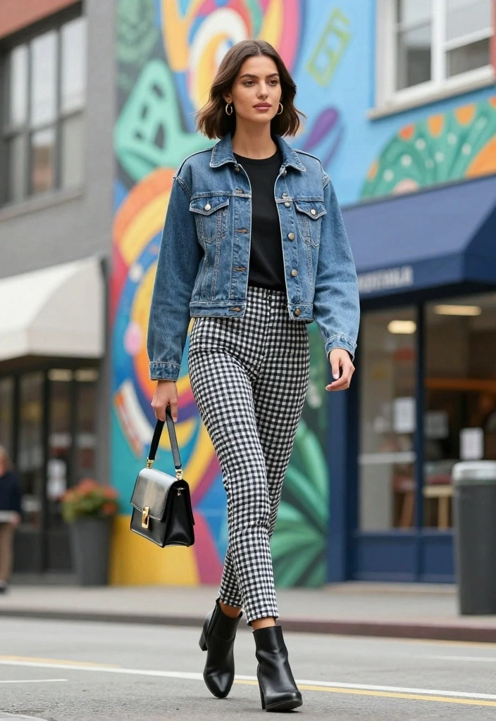 15 Gingham Pants Outfit Ideas For Women With Vintage Charm - 8. Denim Jacket for Layering 1