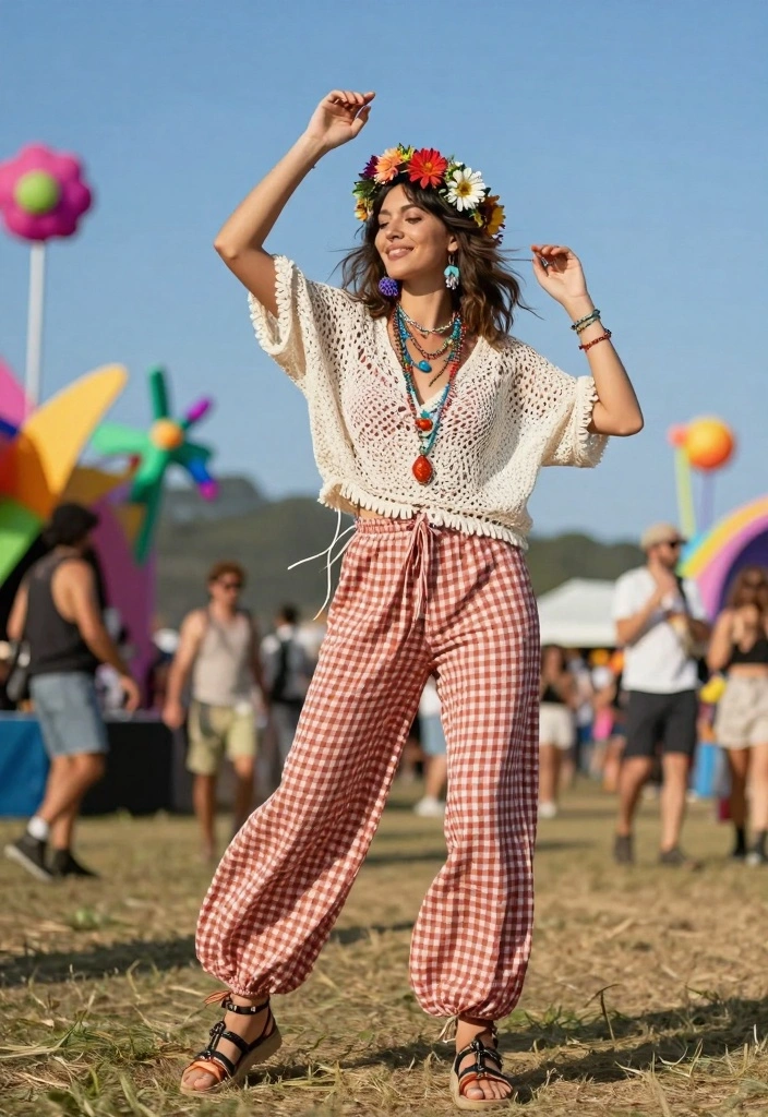 15 Gingham Pants Outfit Ideas For Women With Vintage Charm - 9. Boho Vibes with a Crochet Top 1
