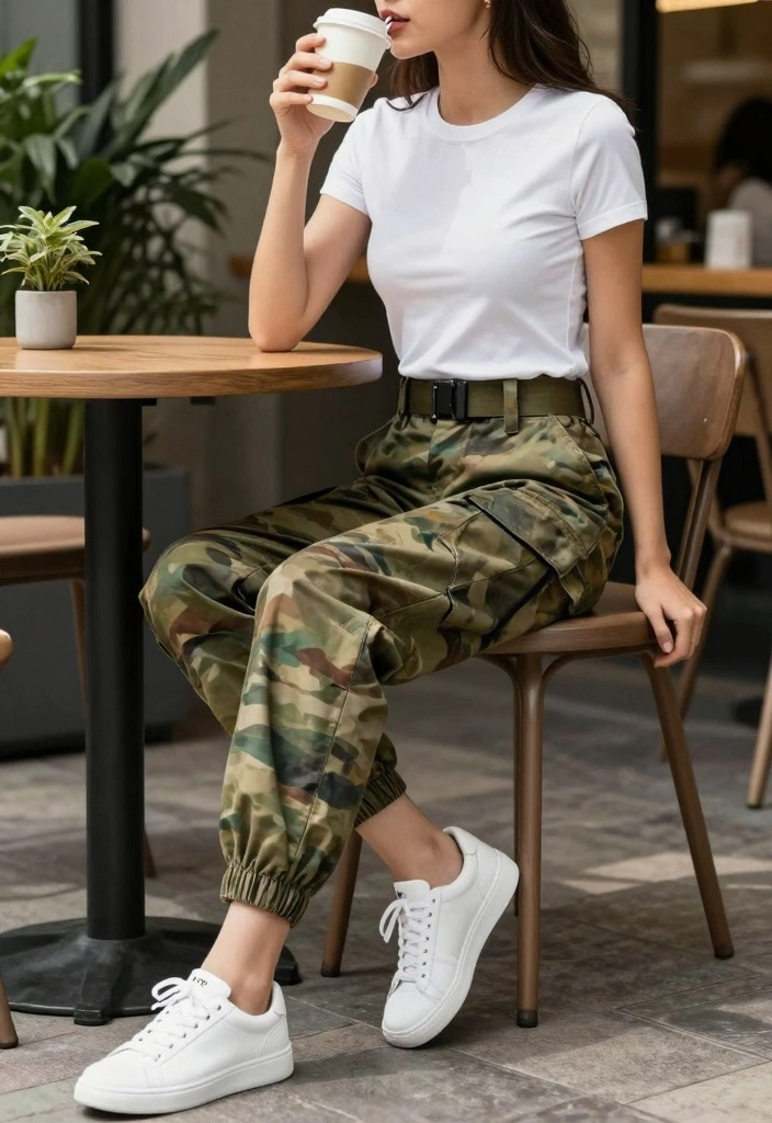 15 Military Pants Outfit Ideas For Women With Utility Vibes - 1. Classic Tee and Sneakers 1