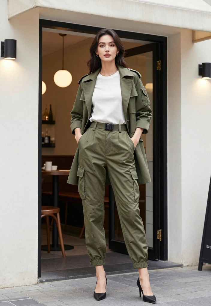 15 Military Pants Outfit Ideas For Women With Utility Vibes - 10. Sharp Look with a Monochrome Ensemble 1