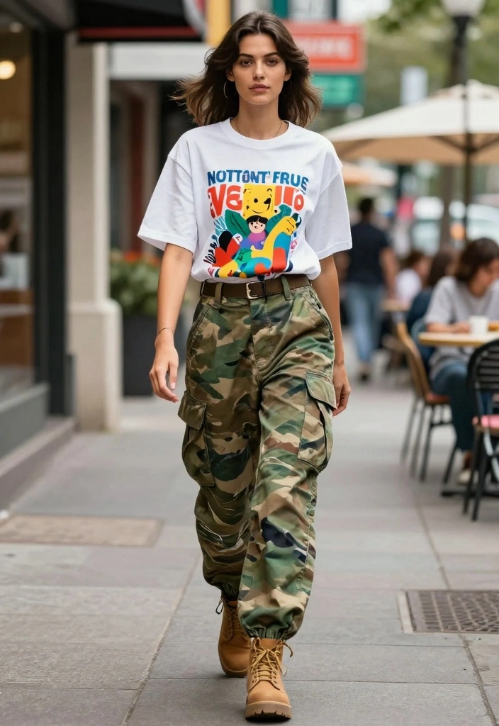 15 Military Pants Outfit Ideas For Women With Utility Vibes - 14. Cool and Casual with Graphic Tee 1