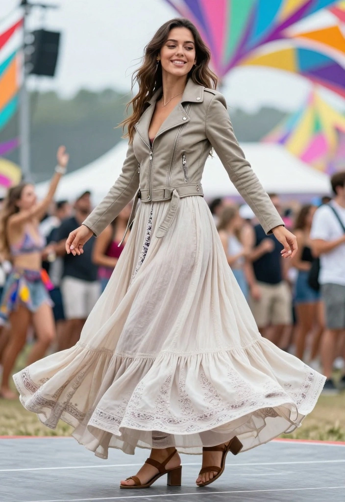 15 Moto Jacket Outfit Ideas For Women With Bold Confidence - 12. Moto Jacket with a Bohemian Maxi Skirt 1