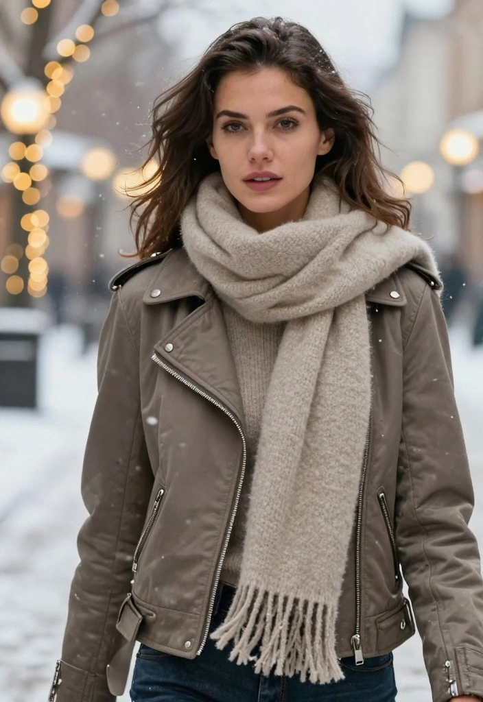 15 Moto Jacket Outfit Ideas For Women With Bold Confidence - 13. Chic Layering with a Scarf and Moto Jacket 1