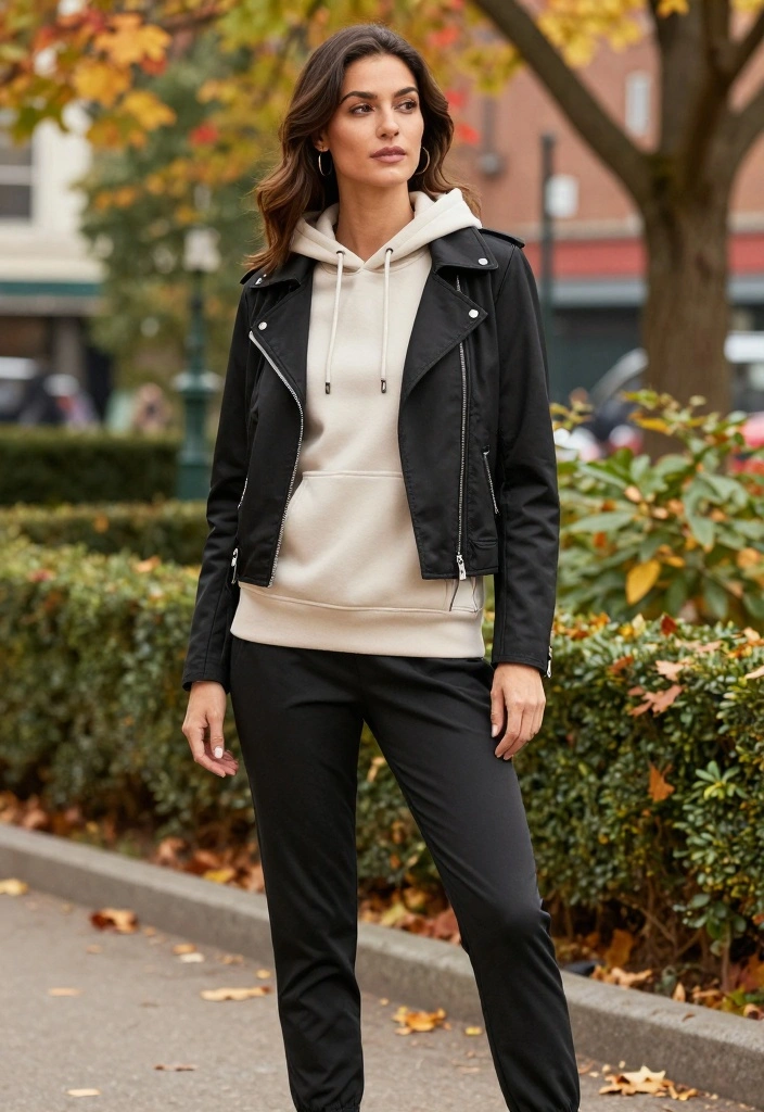15 Moto Jacket Outfit Ideas For Women With Bold Confidence - 3. Layered Look with a Hoodie and Moto Jacket 1