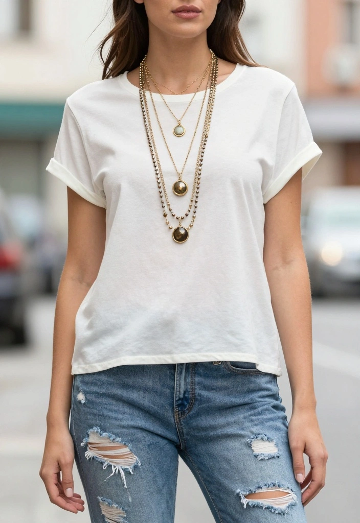 15 Ripped Jeans Outfit Ideas For Women With Casual Edge - 11. Layered Necklaces with Ripped Jeans 1