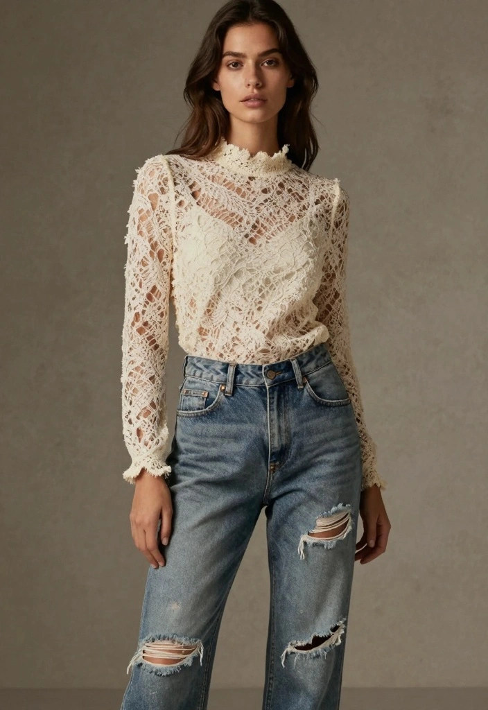 15 Ripped Jeans Outfit Ideas For Women With Casual Edge - 14. Mixing Textures with Ripped Jeans 1