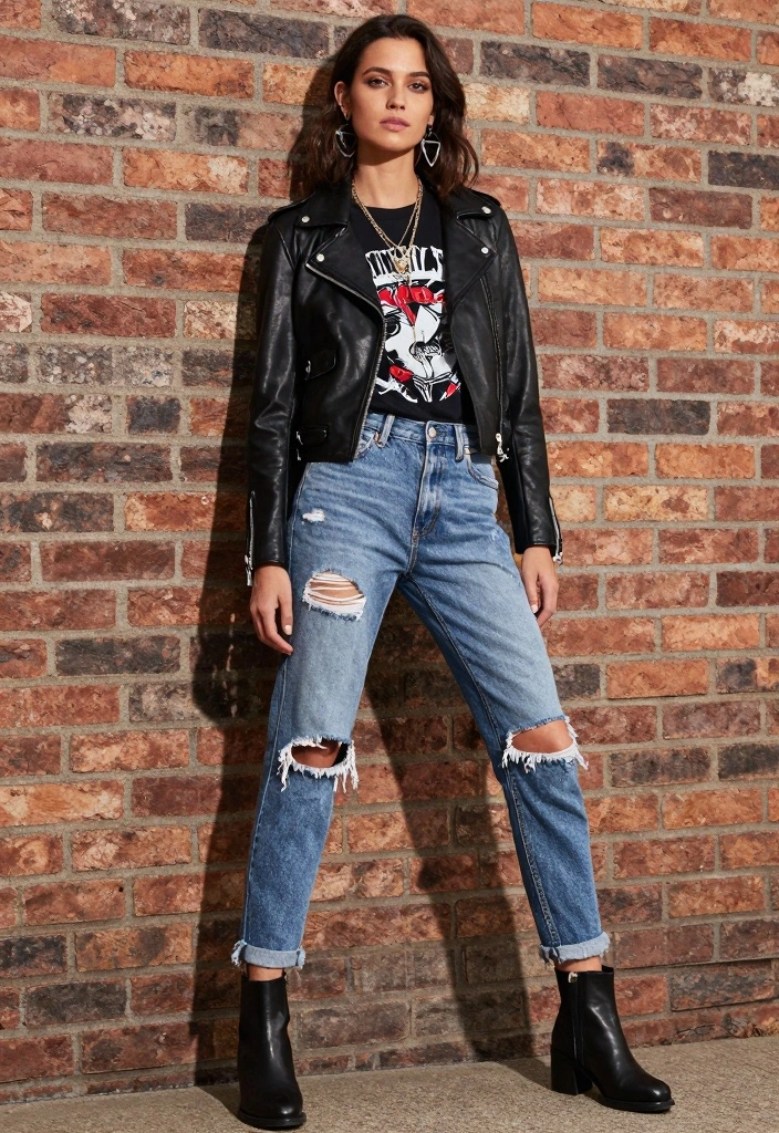 15 Ripped Jeans Outfit Ideas For Women With Casual Edge - 2. Edgy Leather Jacket Ensemble 1