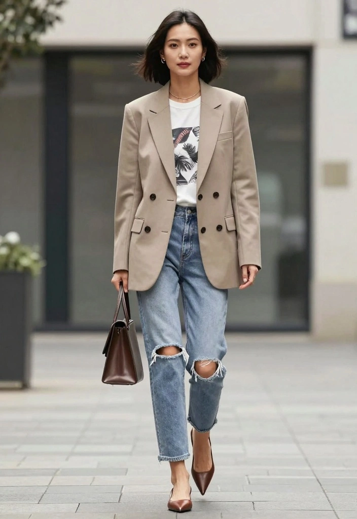 15 Ripped Jeans Outfit Ideas For Women With Casual Edge - 4. Chic Blazer Over Ripped Jeans 1