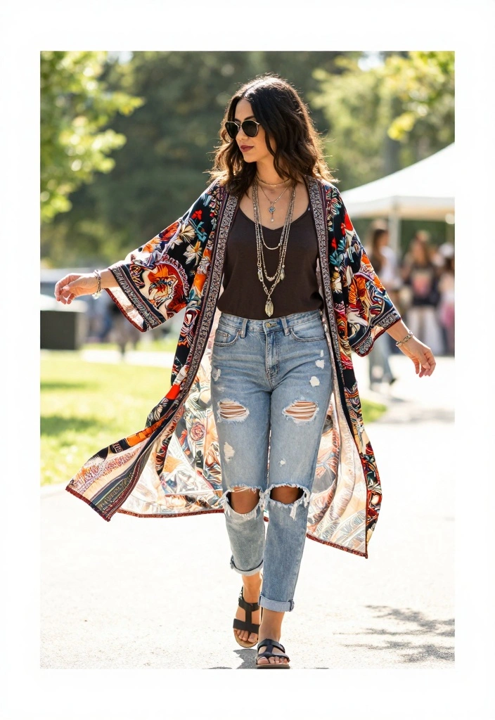 15 Ripped Jeans Outfit Ideas For Women With Casual Edge - 5. Bohemian Vibes with a Flowing Kimono 1