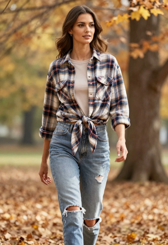 15 Ripped Jeans Outfit Ideas For Women With Casual Edge - 9. Flannel Shirt Tie-Up 1