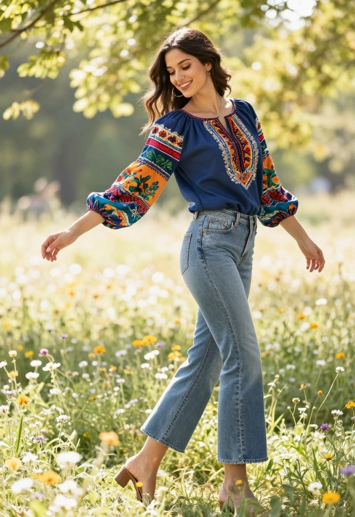 15 Summer Jeans Outfit Ideas For Women That Feel Light - 12. Cropped Flare Jeans with a Peasant Top 1