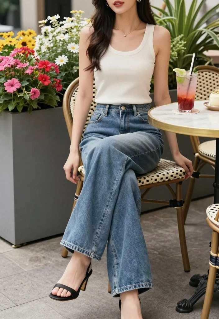 15 Summer Jeans Outfit Ideas For Women That Feel Light - 8. Wide-Leg Jeans with a Simple Tank 1