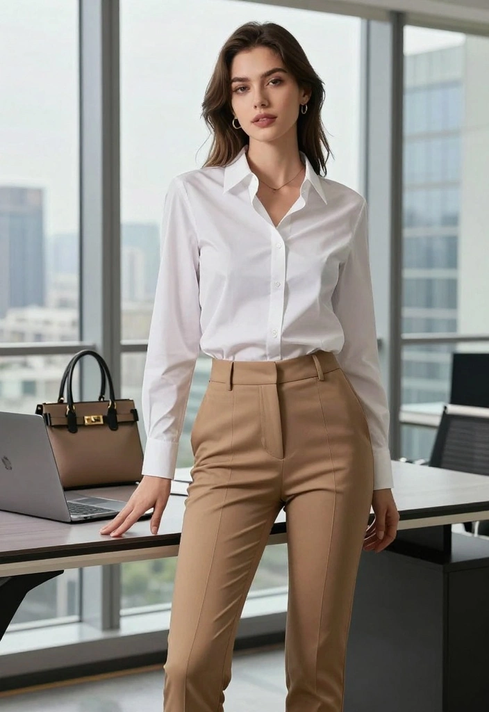 15 Tan Pants Outfit Ideas For Women With Clean Neutrals - 2. Effortless Office Chic 1