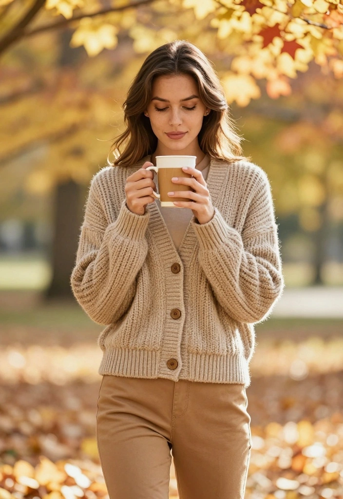 15 Tan Pants Outfit Ideas For Women With Clean Neutrals - 7. Layered for Fall 1