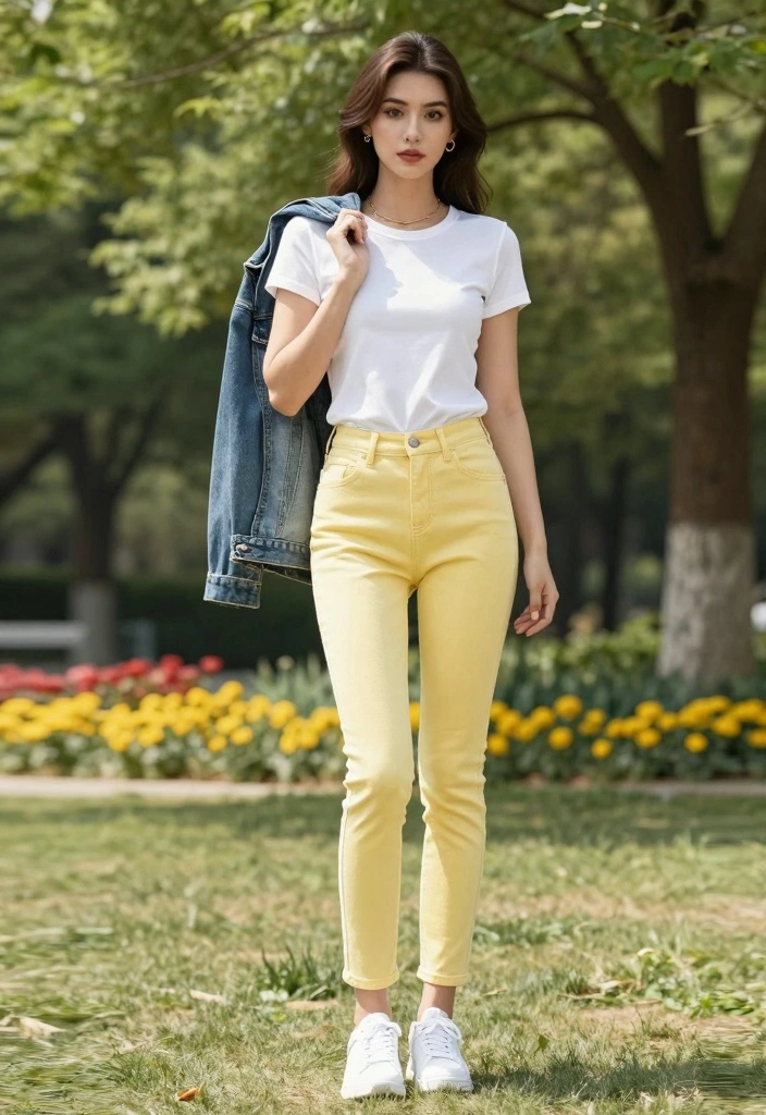 15 Yellow Jeans Outfit Ideas For Women That Stand Out - 1. Classic White Tee and Yellow Jeans 1
