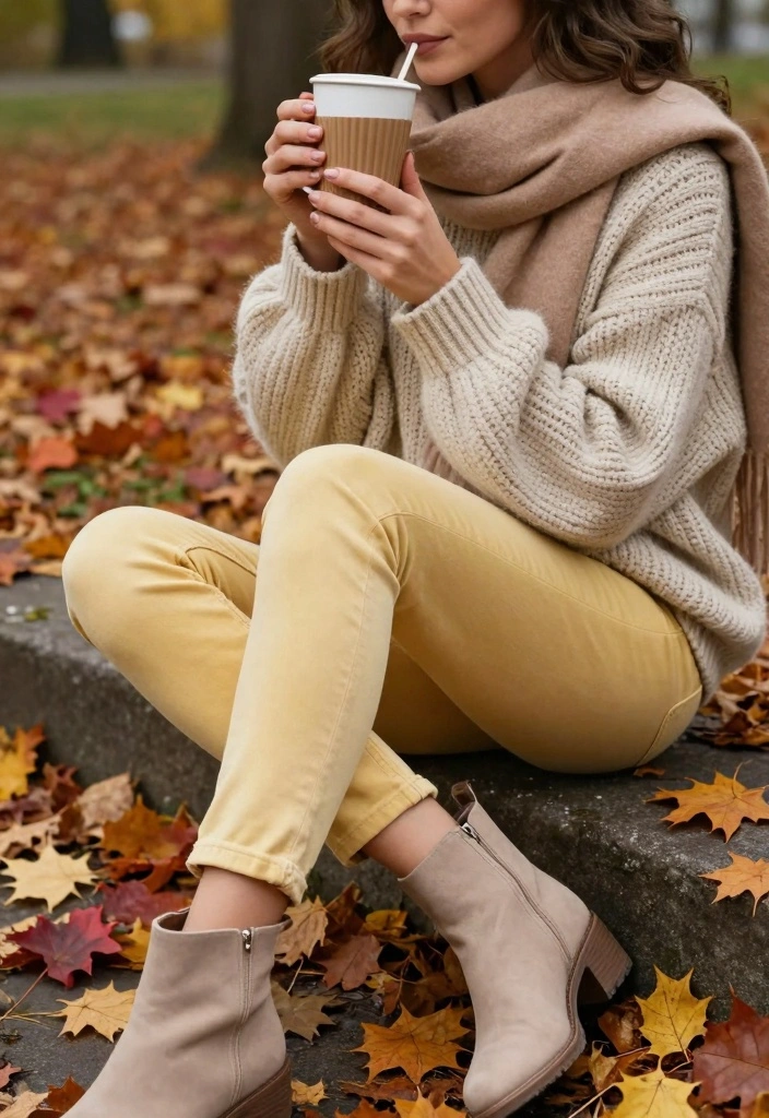 15 Yellow Jeans Outfit Ideas For Women That Stand Out - 12. Chunky Knit Sweater with Yellow Jeans 1