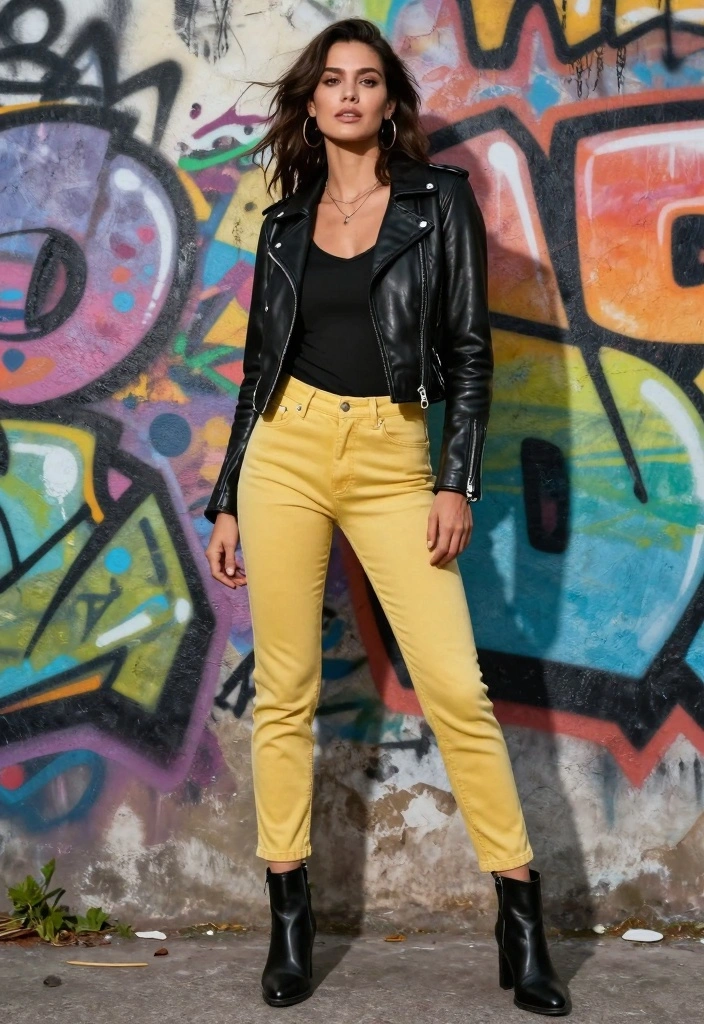 15 Yellow Jeans Outfit Ideas For Women That Stand Out - 15. Edgy Leather Jacket with Yellow Jeans 1