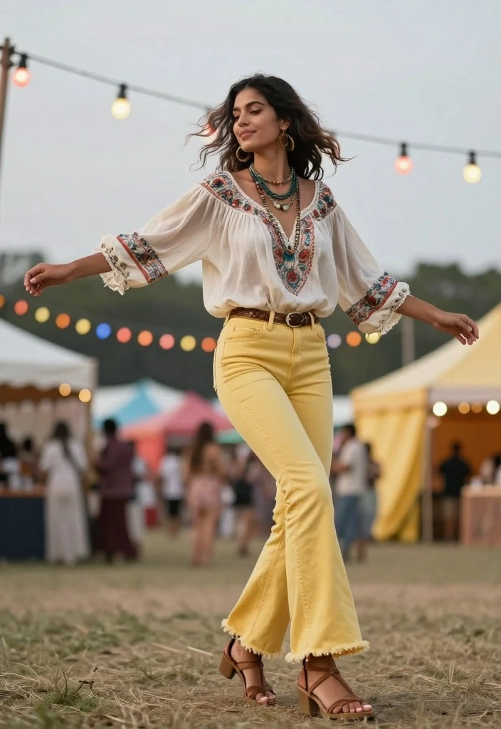 15 Yellow Jeans Outfit Ideas For Women That Stand Out - 2. Bohemian Blouse with Yellow Flare Jeans 1