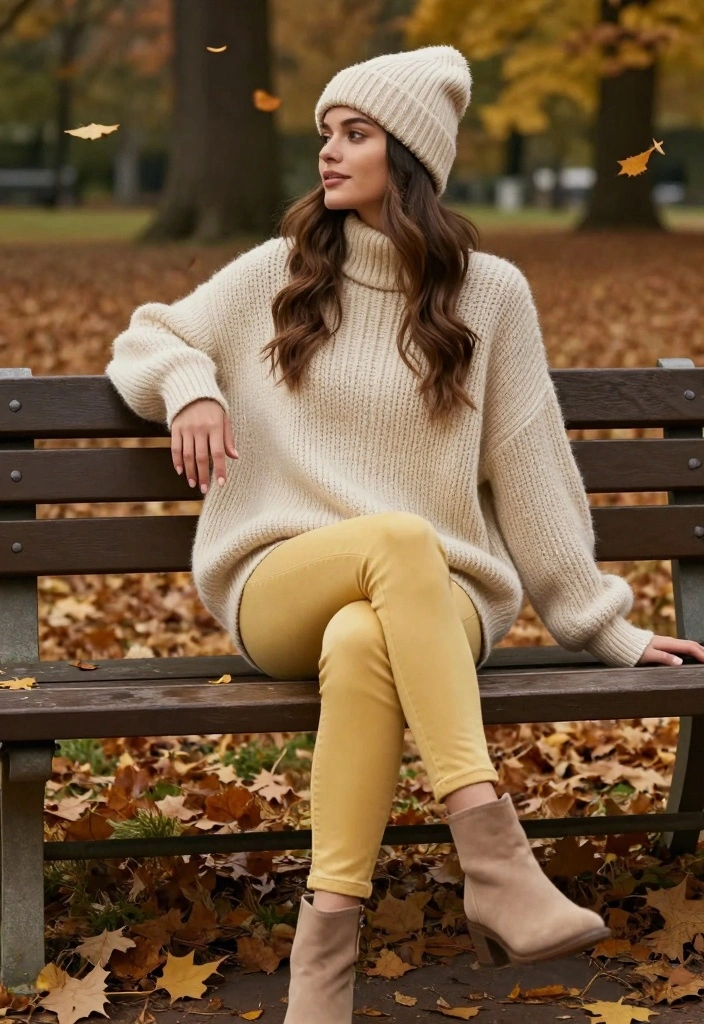 15 Yellow Jeans Outfit Ideas For Women That Stand Out - 3. Oversized Sweater and Yellow Skinny Jeans 1